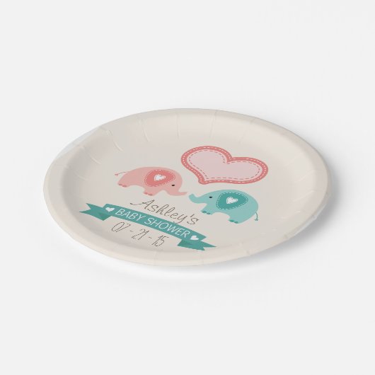 男の子と女の子ツインピンク&ティール（緑がかった色）ゾウ赤ちゃんシャワー ペーパープレート (アングル)