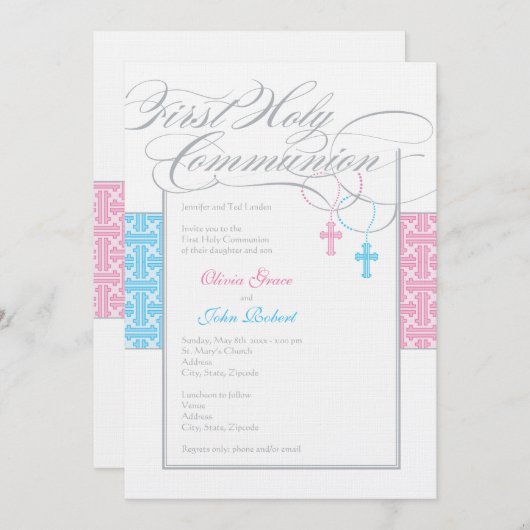 男の子と女の子ツインファーストコミューン招待状 招待状 (正面/裏面)