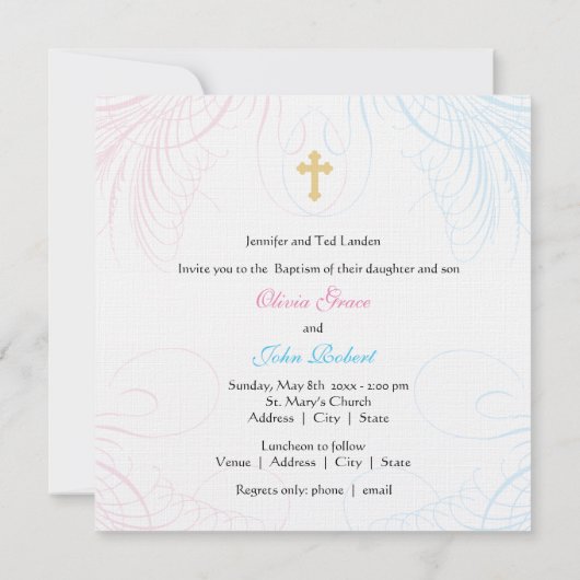 男の子と女の子双子写真バプテスマ招待状 招待状 (裏面)