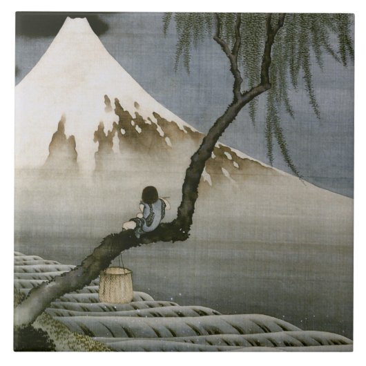 男の子と山富士北斎日本のファインアート タイル (正面)