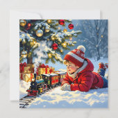 男の子と彼のクリスマスの列車ファッションド老 カード (正面)
