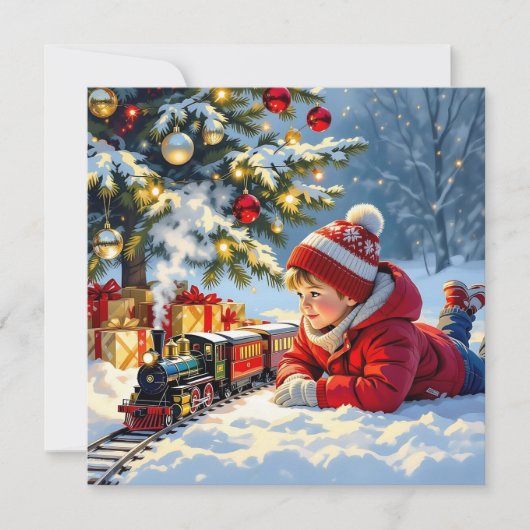 男の子と彼のクリスマスの列車ファッションド老 カード (正面)