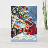 男の子と彼のクリスマスの列車ファッションド老 シーズンカード (正面)
