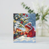 男の子と彼のクリスマスの列車ファッションド老 ポストカード (スタンド正面)