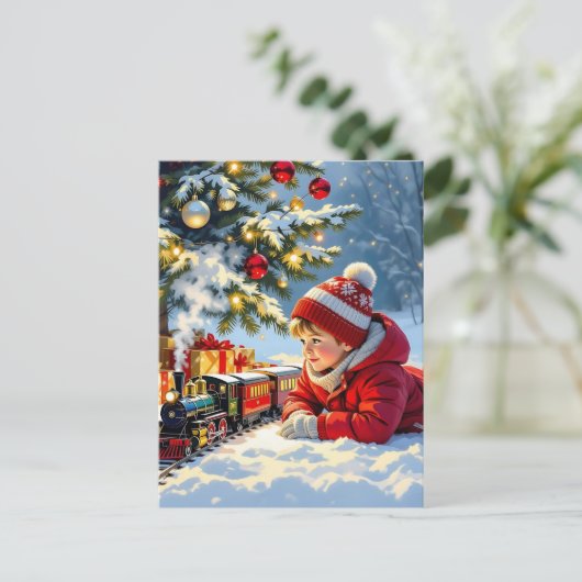 男の子と彼のクリスマスの列車ファッションド老 ポストカード (スタンド正面)