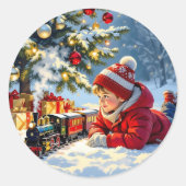 男の子と彼のクリスマスの列車ファッションド老 ラウンドシール (正面)