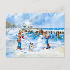 男の子と犬の遊冬のビーチウォータースコロ シーズンポストカード