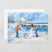 男の子と犬の遊冬のビーチウォータースコロ シーズンポストカード (正面/裏面)
