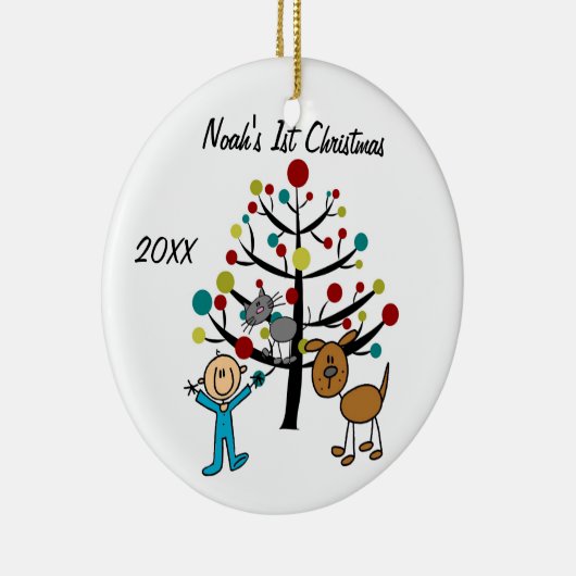 男の子と猫と犬の第1のクリスマスカスタマイズオーナメント セラミックオーナメント (右)