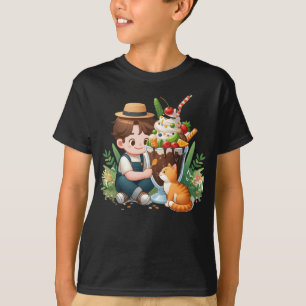 男の子と猫、そびえ立つ二人 Tシャツ
