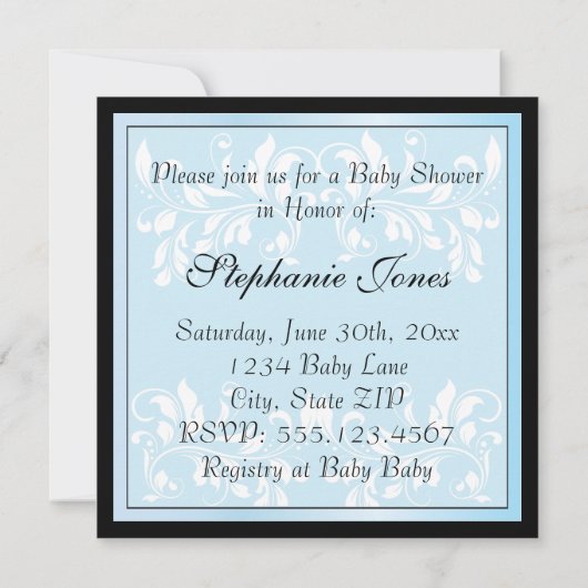 男の子と黒のダマスクの赤ちゃんシャワー 招待状 (裏面)