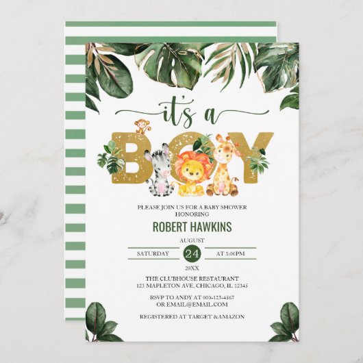  男の子に可愛いジャングルサファリの動物に赤ちゃんがシャワー 招待状 (正面/裏面)
