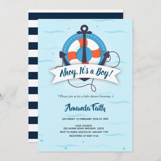 男の子のいかり航海のBaby Shower 招待状 (正面/裏面)