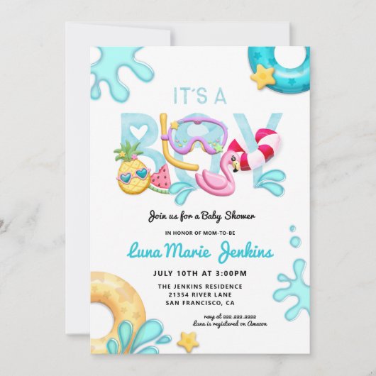 男の子のおもしろい夏の熱帯プール赤ちゃんシャワー 招待状 (正面)