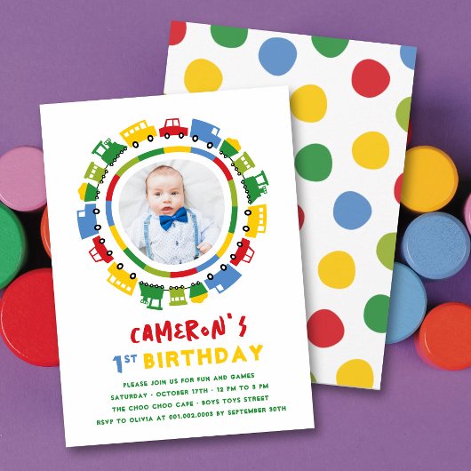 男の子のおもちゃ 楽しい 乗り物 写真 1歳 誕生日パーティー 招待状