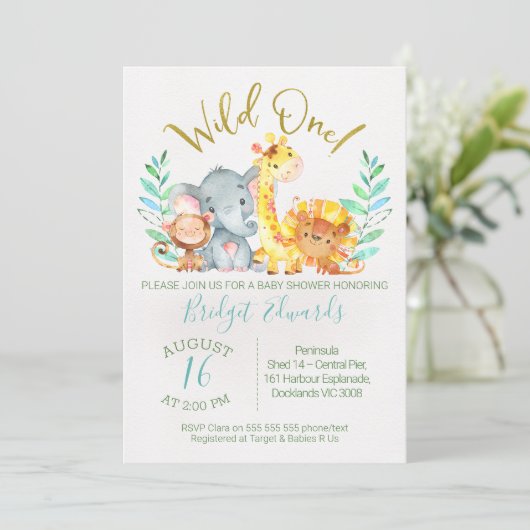 男の子のかわいいサファリ動物ベビーシャワー招待状 招待状 (スタンド正面)