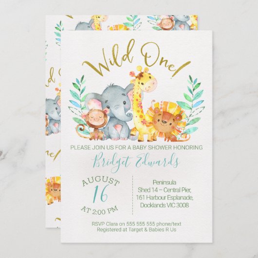男の子のかわいいサファリ動物ベビーシャワー招待状 招待状 (正面/裏面)