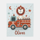 男の子のかわいい消防士ライオン乗り消防車 フリースブランケット (正面)