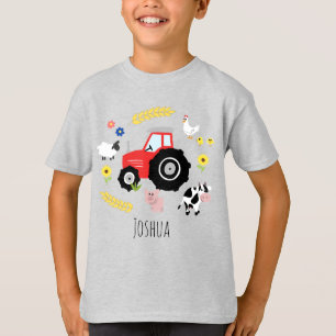 男の子のかわいい赤い農場のトラクターと動物 Tシャツ