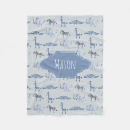 男の子のかわいく青いサファリ動物のジャングルパターン フリースブランケット