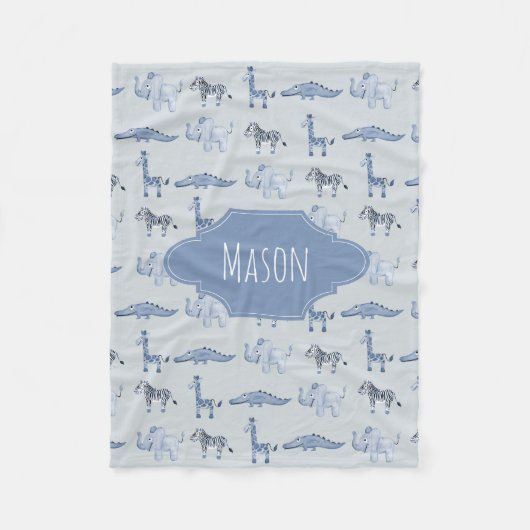 男の子のかわいく青いサファリ動物のジャングルパターン フリースブランケット (正面)