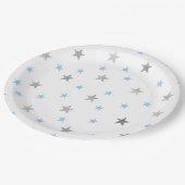 男の子のきらめきのベビーシャワーの装飾、青い銀製の星 ペーパープレート (アングル)