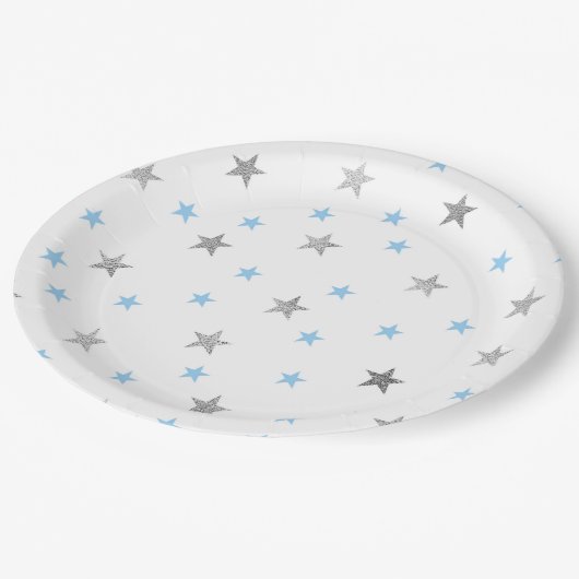 男の子のきらめきのベビーシャワーの装飾、青い銀製の星 ペーパープレート (アングル)