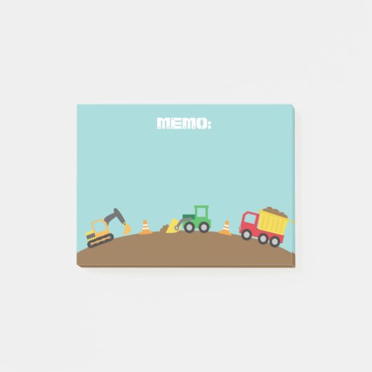 男の子のためのかわいい建築車 ポストイット (正面)