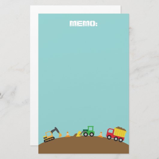 男の子のためのかわいい建築車 便箋 (正面/裏面)