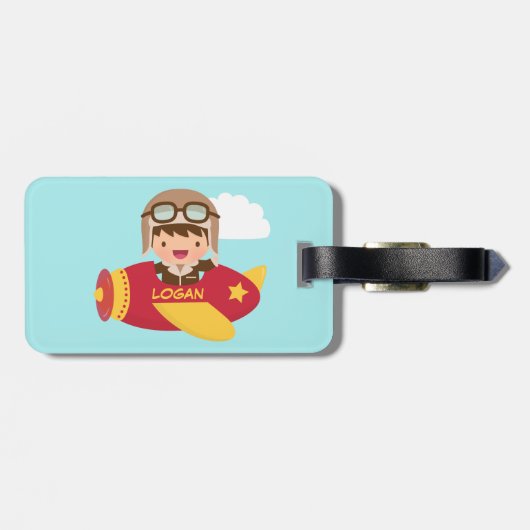 男の子のためのかわいい飛行士の男の子の飛行機の冒険 ラゲッジタグ (裏面横)