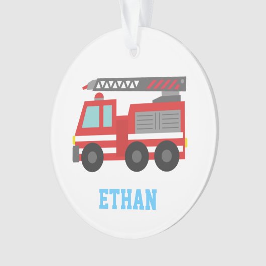 男の子のためのかわいく赤い普通消防車、名前 オーナメント (正面)