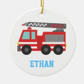 男の子のためのかわいく赤い普通消防車、名前 セラミックオーナメント (正面)