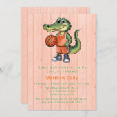 男の子のためのアリゲーターバスケットボールバースデーパーティー 招待状 (正面/裏面)