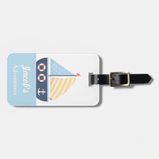 男の子のためのエレガントな帆ボートの航海のなテーマ ラゲッジタグ (正面横)