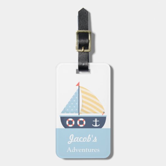 男の子のためのエレガントな帆ボートの航海のなテーマ ラゲッジタグ (正面縦)