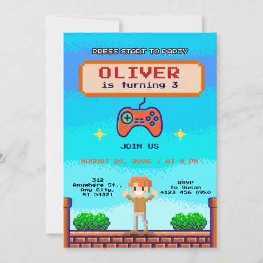 男の子のためのクールなビデオゲーム誕生日パーティー招待状 招待状 (正面)