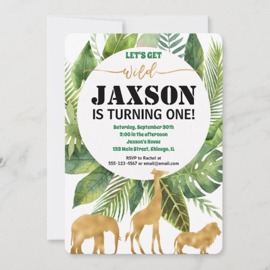 男の子のためのサファリジャングルの誕生日の招待状 招待状 (正面)