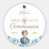 男の子のためのダスティーブルーの最初の聖なる聖餐式 ラウンドシール (正面)
