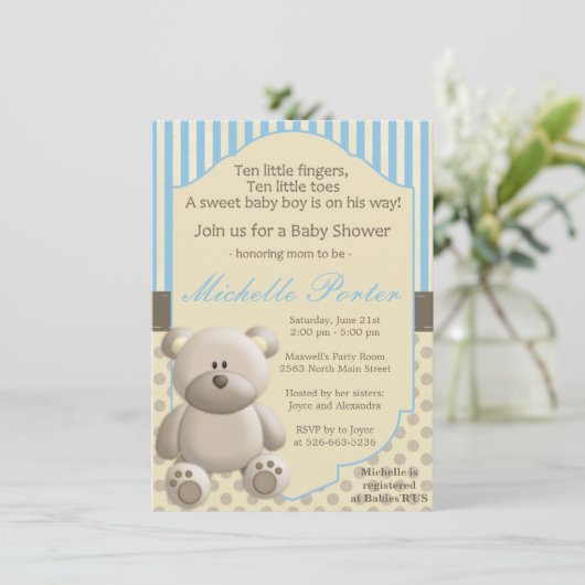 男の子のためのテディー・ベアのベビーシャワーの招待状 招待状 (スタンド正面)