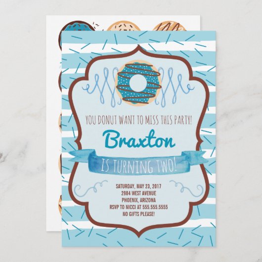 男の子のためのドーナツ誕生日のパーティの招待状 招待状 (正面/裏面)