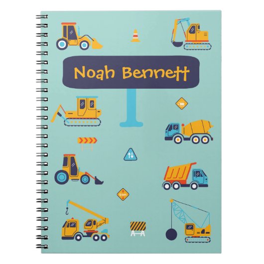 男の子のためのパーソナライズされた建設トラックノート ノートブック (正面)