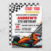 男の子のためのパーソナルレースカー誕生日パーティー 招待状 (正面/裏面)