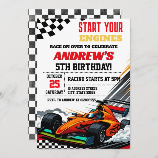 男の子のためのパーソナルレースカー誕生日パーティー 招待状 (正面/裏面)