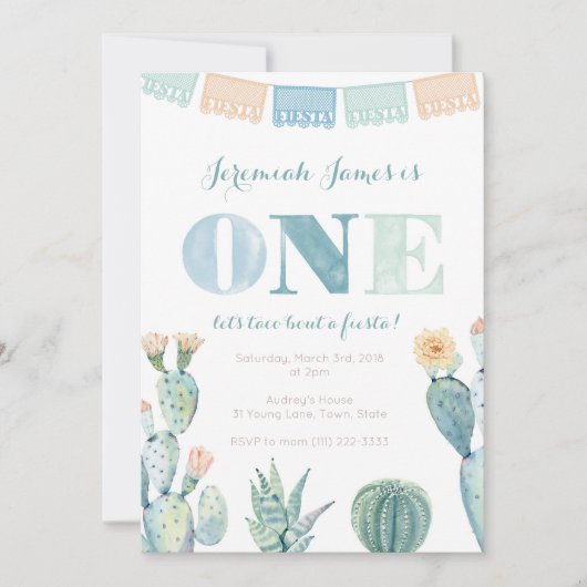 男の子のためのフィエスタの最初の誕生日パーティーのタコ 招待状 (正面)