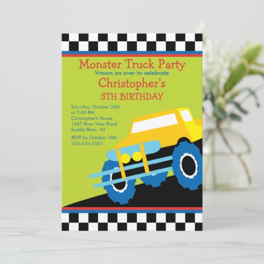 男の子のためのモンスタートラックの誕生会 招待状 (スタンド正面)