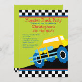 男の子のためのモンスタートラックの誕生会 招待状 (正面/裏面)
