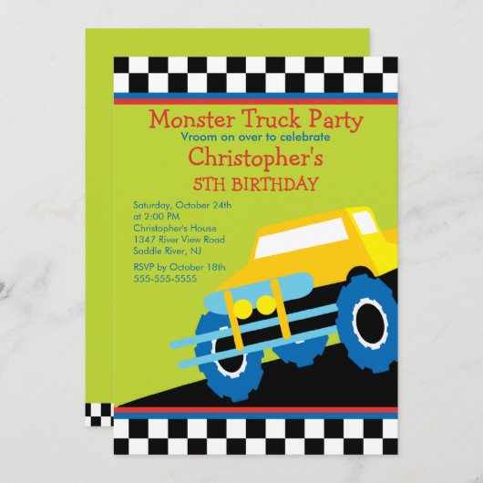 男の子のためのモンスタートラックの誕生会 招待状 (正面/裏面)