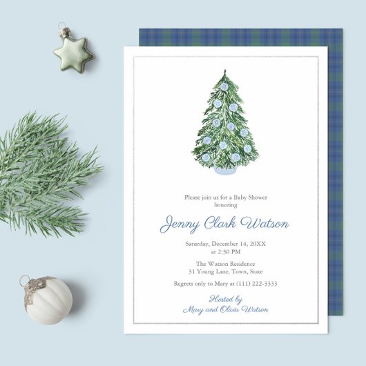 男の子のための上品な陳腐なクリスマスの赤ちゃんシャワー 箔招待状