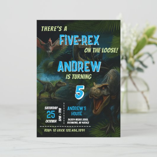 男の子のための個人的な恐竜の公園の誕生日パーティー 招待状 (スタンド正面)
