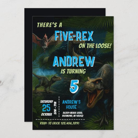 男の子のための個人的な恐竜の公園の誕生日パーティー 招待状 (正面/裏面)